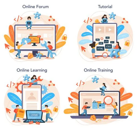 Web programming online service or platform set. Coding, testing 스톡 일러스트