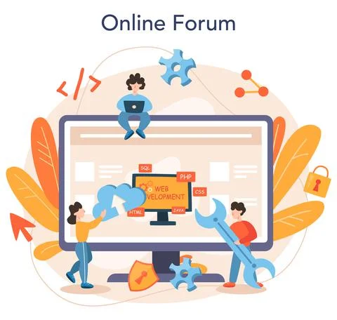 Web programming online service or platform. Coding, testing Stock-Illustration