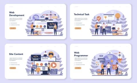 Web programming web banner or landing page set. Coding, testing 스톡 일러스트