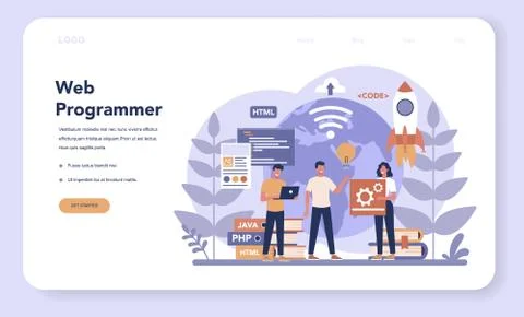 Web programming web banner or landing page. Coding, testing Stock-Illustration