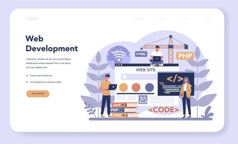 Web programming web banner or landing page. Coding, testing 스톡 일러스트