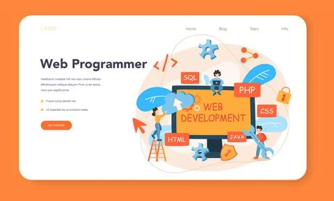 Web programming web banner or landing page. Coding, testing Stock-Illustration