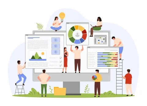 Web project creation, website construction, tiny people create homepage with Stock Illustration