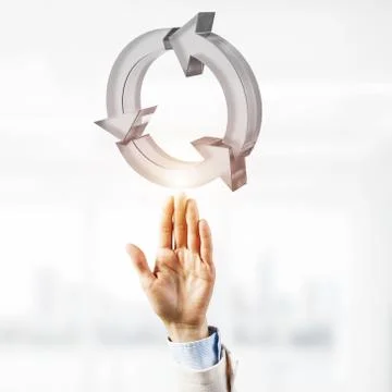 Web refresh icon and male hands as symbol for internet use. Mixe Foto stock