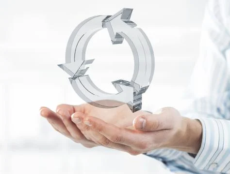 Web refresh icon in male hands as symbol for internet use. Mixed Stock Photos