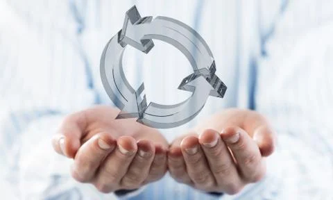 Web refresh icon in male hands as symbol for internet use. Mixed Stock Photos