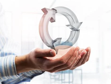Web refresh icon in male hands as symbol for internet use. Mixed media Clo... Stock Photos