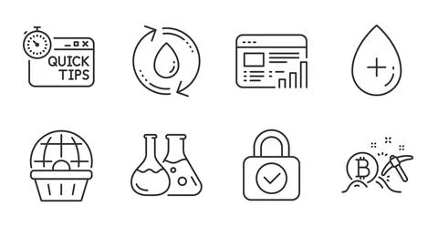 Web report, Oil serum and Quick tips icons set. Security lock, Online shopping Stock Illustration
