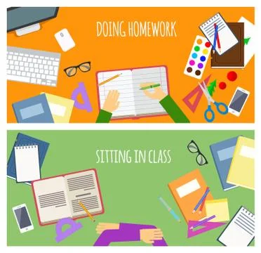 Web school flat banner doing homework and sitting in class. Vector illustration. Illustrazione stock