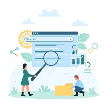 Web search, data management and online analysis, tiny people with big magnifying Illustrazione stock