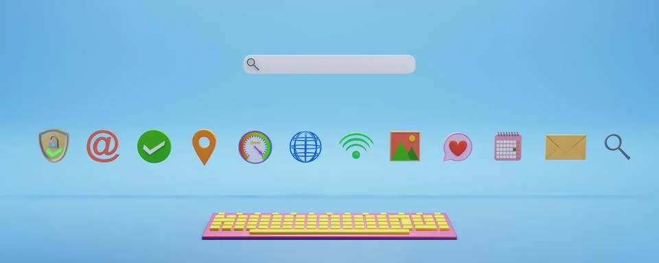 Web search engine with computer keyboard and internet symbols and icons. 3d r Stock Illustration