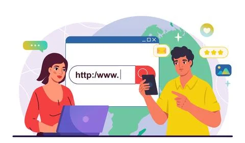 Web searching concept. Man with smartphone and woman with laptop enter website Stock Illustration