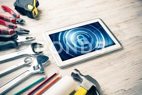 Web security and technology concept with tablet pc on wooden tab Stock Photos