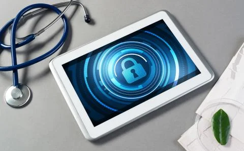 Web security and technology concept with tablet pc on table Stock Photos
