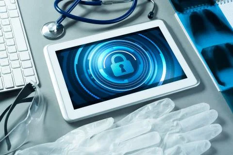 Web security and technology concept with tablet pc on table Stock Photos