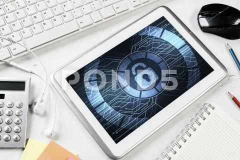 Web security and technology concept with tablet pc on wooden tab Stock Photos