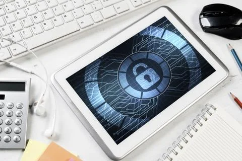 Web security and technology concept with tablet pc on wooden tab Stock Photos