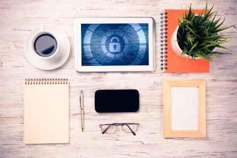 Web security and technology concept with tablet pc on wooden tab Stock Photos