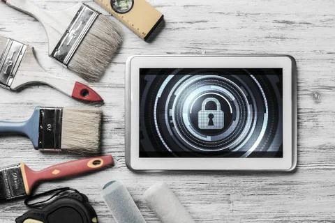 Web security and technology concept with tablet pc on wooden tab Stock Photos