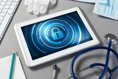 Web security and technology concept with tablet pc on table Stock Photos