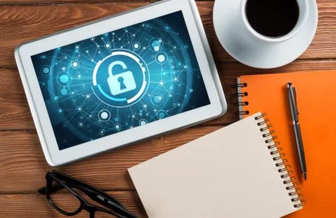 Web security and technology concept with tablet pc on wooden table Stock Photos
