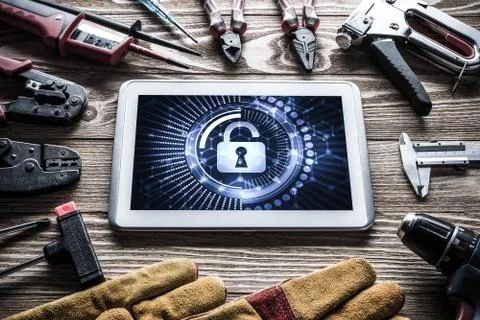 Web security and technology concept with tablet pc on wooden tab Stock Photos