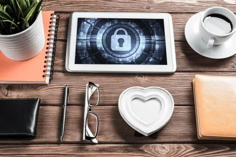 Web security and technology concept with tablet pc on wooden tab Stock Photos
