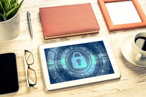 Web security and technology concept with tablet pc on wooden tab Stock Photos