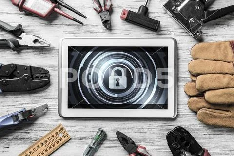 Web security and technology concept with tablet pc on wooden tab Stock Photos