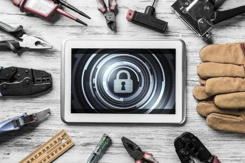 Web security and technology concept with tablet pc on wooden tab Stock Photos