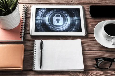 Web security and technology concept with tablet pc on wooden tab Stock Photos