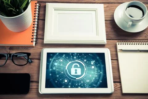 Web security and technology concept with tablet pc on wooden tab Stock Photos