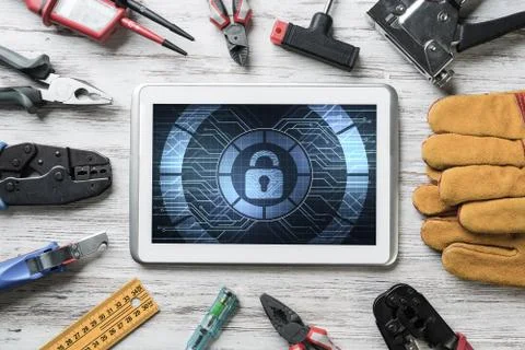 Web security and technology concept with tablet pc on wooden tab Stock Photos