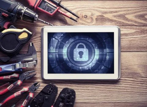 Web security and technology concept with tablet pc on wooden tab Stock Photos