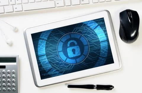 Web security and technology concept with tablet pc on wooden table Stock Photos