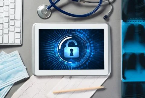 Web security and technology concept with tablet pc on table Stock Photos