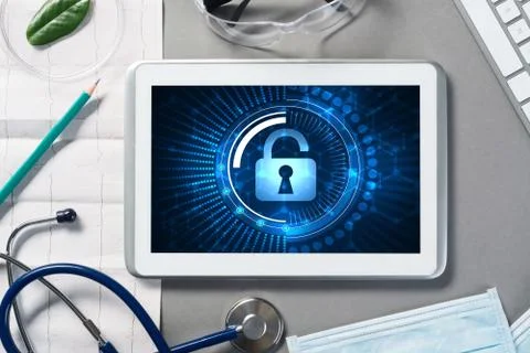 Web security and technology concept with tablet pc on table Stock Photos