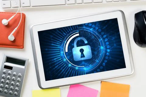 Web security and technology concept with tablet pc on wooden table Stock Photos