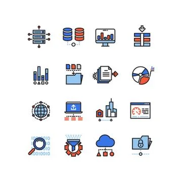 Web security cloud computing technology big data analysis line icons with flat 스톡 일러스트