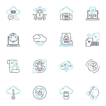 Web security linear icons set. Firewall, Encryption, Malware, Antivirus Illustrazione stock