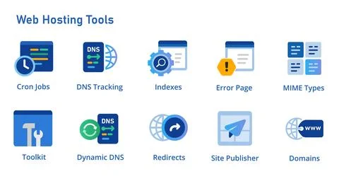 Web server tools icon set collection for cron jobs MIME type dynamic DNS Stock-Illustration
