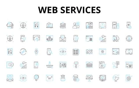 Web services linear icons set. Integration, Security, API, Scalability Stock Illustration