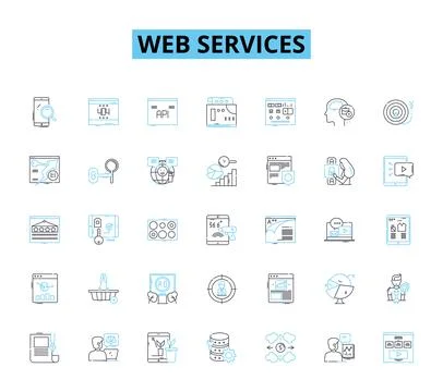 Web services linear icons set. Integration, Security, API, Scalability Stock Illustration