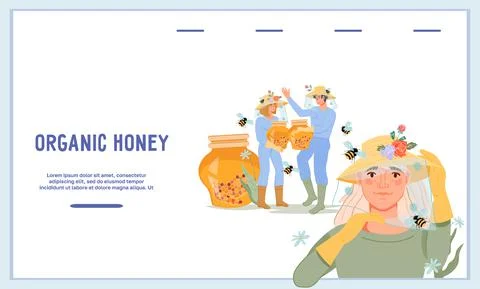 Web site for Apiary, beekeeping and honey production, flat vector. Stock Illustration