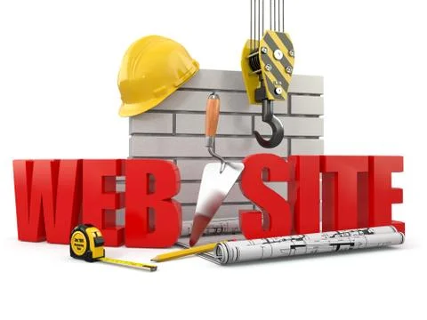 Web site building. crane, wall and tools. 3d Ilustración de archivo
