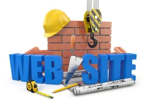 Web site building. crane, wall and tools. 3d Ilustración de archivo