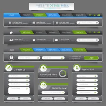 Web site design menu navigation elements with icons set: Navigation menu bars Stock Illustration