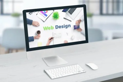 Web site design studio concept. Computer display with web design text. Foto stock