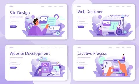 Web site design web banner or landing page set. Presenting content Stockillustratie