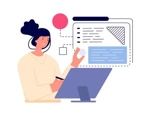 Web site development. Girl programmer or digital designer. Student working with Illustrazione stock